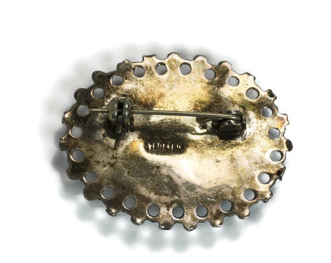 Abalone Shell and Sterling Pin Oval Fancy Setting Vintage
