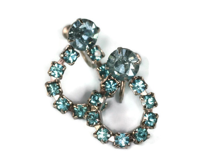 Turquoise Rhinestone Earrings Dangle Loop Screw Back Vintage