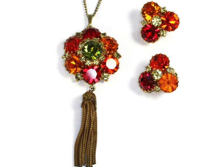 Orange Red Green Rhinestone Pendant Necklace Clip Earring Tassels Vintage