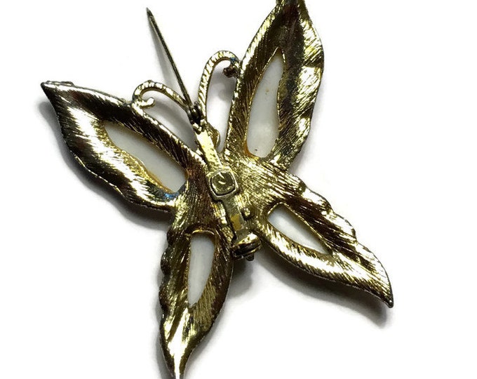 Layered Butterfly Brooch AB Rhinestones Lucite Simulated Pearl Vintage