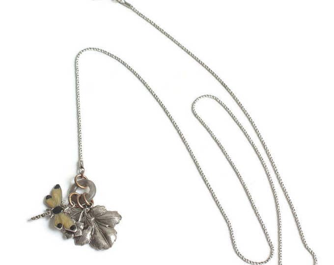 Enameled Dragonfly Leaf Floral Pendant Charm Necklace