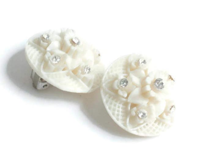 Featherweight Flower Earrings Ivory Color Clear Rhinestones Clip On Vintage Wedding Jewelry