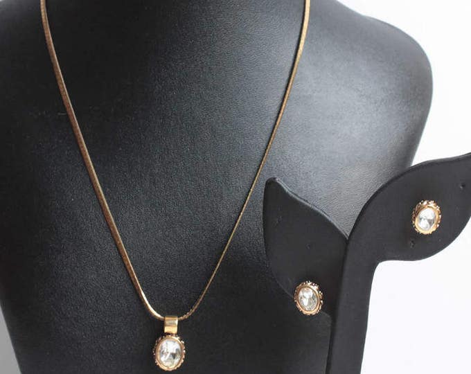 Crystal Pendant Necklace and Earrings Posts Oval Shaped Bead Accents Gold Tone