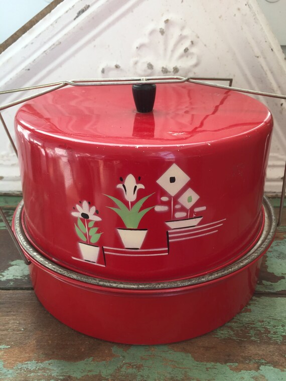 Vintage Carleton Metal Cake Carrier 1950s Red with hand