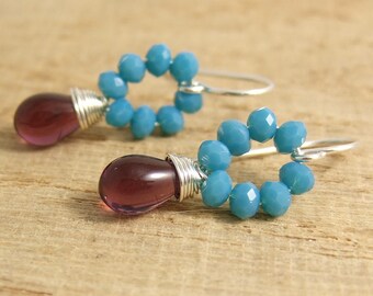 Earrings with Tiny, Blue Crystal Beads and Purple Glass Teardrops Wire Wrapped with Sterling Silver Wire HE-361