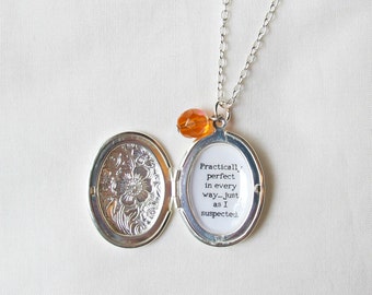 Mary Poppins Quote Locket Necklace Bridal Silver Charm Customized Jewelry Jewellery Two Cheeky Monkeys Feminine Typography Personalised