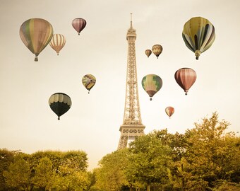 Paris Photography, Hot Air Balloons Print, Eiffel Tower Paris Decor, France Print Beige Neutral Colors par210