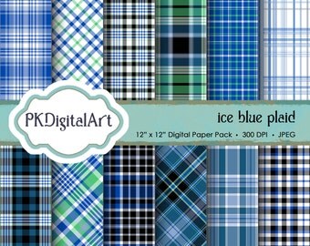 Ice Blue Plaid Digital Paper - "Ice Blue Plaid" Scrapbook Paper Background Crafting Supplies