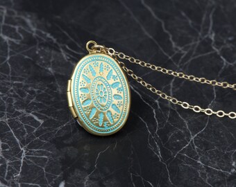 Small Blue Locket Necklace, Ornate Turquoise Locket, Long Oval Locket, Blue Necklace, Turquoise Necklace Small Locket Pendent