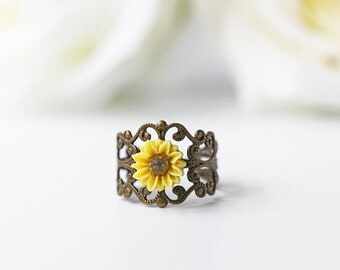 Yellow Sunflower Ring Antique Brass Filigree Adjustable Ring