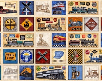 Full Steam Ahead Blocks Train Oatmeal Quilting Treasures Fabric 24" Panel