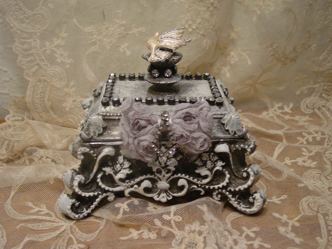 Rhinestone Jewelry Box Altered Art Box Dove by EdenCoveTreasures