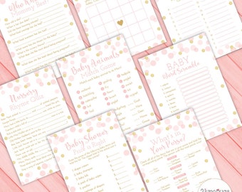 Pink and Gold Baby Shower Games Package - Purse, ABCs, Scramble, Bingo, Nursery Rhyme, Baby Girl Shower - Glitter Confetti - PRINTABLE