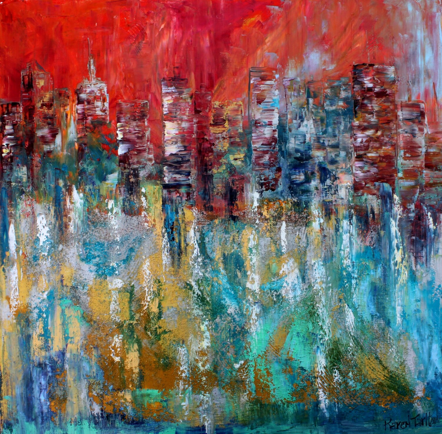 City skyline painting original oil abstract palette knife