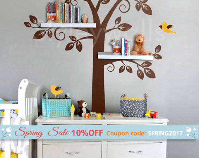 Shelf Tree Wall Decal, Shelving Tree Wall Decal for Baby Nursery Children, Owls and Shelves Tree Wall Sticker, Boy and Girl Room Decor