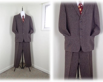 Vintage 1950's Man's 2pc Tweed 3 Button Suit- Brown Speckled Wool Suit in GREAT Condition - sz 42