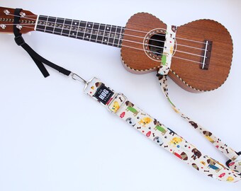 Ukulele Strap, The HUG Strap, No need for Strap Buttons, Dogs on Beige, Hands Free Uke Strap