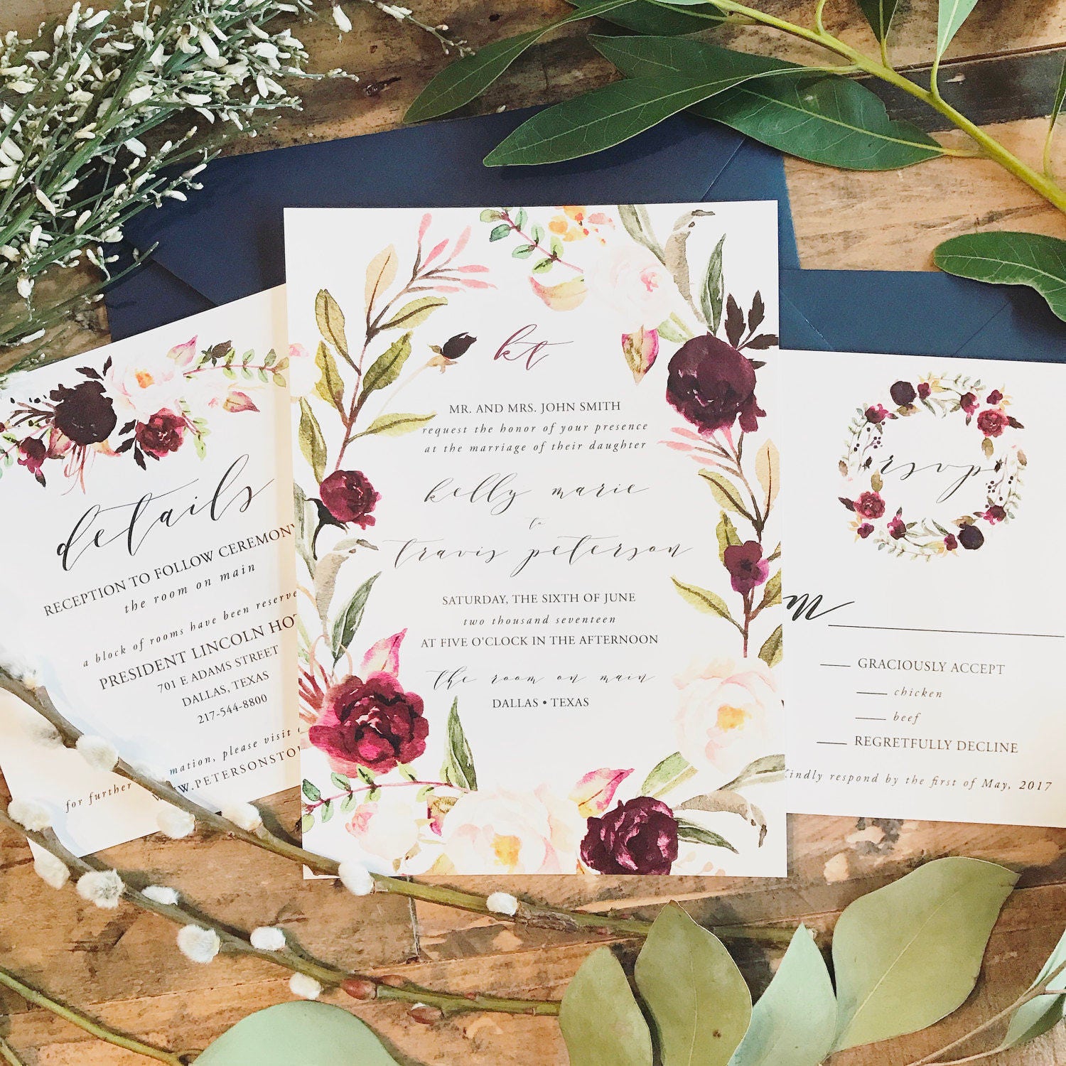 Marsala Floral Watercolor Wreath Wedding Invitation Suite w/