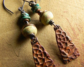 Tribal Copper Earrings Turquoise Ethnic Rust Pale Green Artisan Ceramic