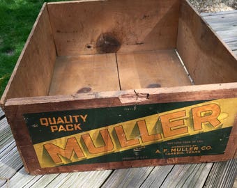 Vintage Wood Crate, Crate Label, A.F.Muller Co., Farmhouse, Rustic, Industrial Decor
