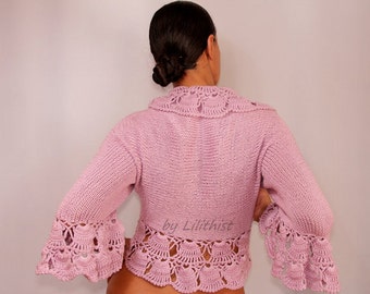 Pink Wedding Bolero, Bridal Shrug Bolero, Crochet Bolero, Knit Shrug, Bolero Jacket, Sweater, 3/4 Bell Sleeve Cardigan, Crochet Shrug / SALE