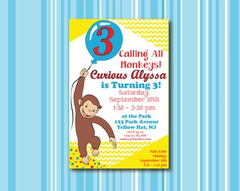 Curious George Invitation / Kid's Birthday Party / Calling all Monkeys / Balloon / Primary Colors / Child Birthday Invite (Printable)