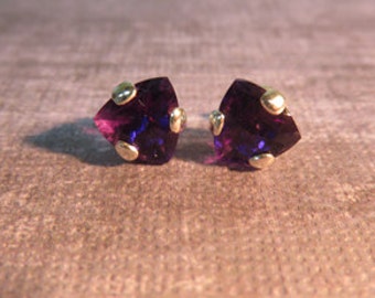 Amethyst Earrings - 8mm Trillion Amethyst Post Earrings - Amethyst & Sterling Silver Earrings