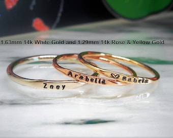 Tiny Letters 14k Solid Gold Personalized Skinny Stacking Ring 1mm Font Choose Yellow Rose or White Gold Add a Design to Your Band Heart Star