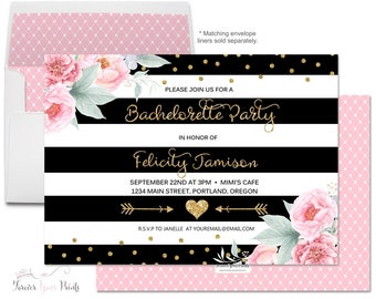 Floral Bachelorette Party Invitation - Printable Bachelorette Invitation - Bridal Shower Invitation - Bridal Party - Black and Gold Glitter