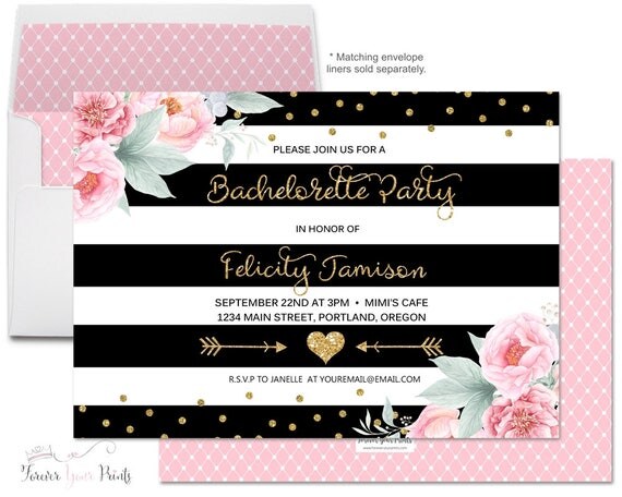 Floral Bachelorette Party Invitation - Printable Bachelorette Invitation - Bridal Shower Invitation - Bridal Party - Black and Gold Glitter Il_570xn