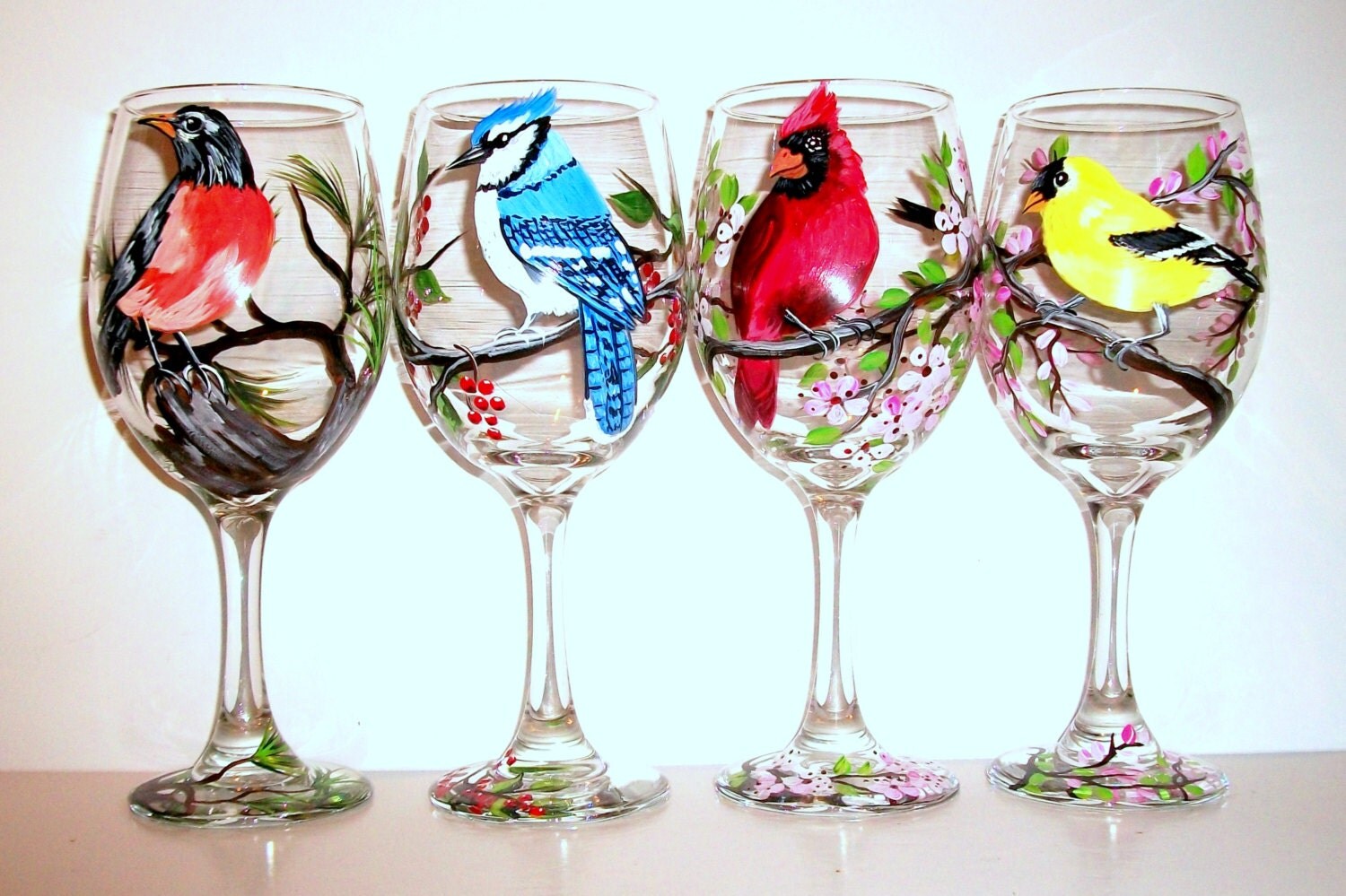 Birds Hand Painted White Wine Glasses Set of 4 Birds Hand