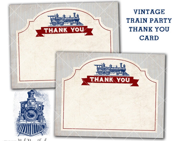Vintage Train Party Thank You Card, vintage steam engine, Instant Download, Print Your Own