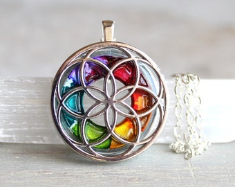 rainbow seed of life necklace, sacred geometry, spiritual jewelry, meditation jewelry, chakra necklace, yoga jewelry, unique gift