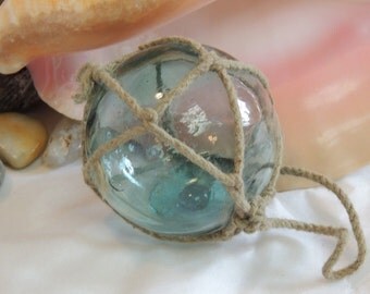 Vintage Japanese Glass Fishing Float.. 2.5 Inch Sky Blue, Rare Makers Mark & Net (#12)