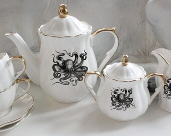 Gold Octopus Tea Set, Kraken Tea Set, Nautical Teacup, CUSTOMIZABLE, White Gold Tea Set, Octopus China, Sealife Dishes, Octopus Plates