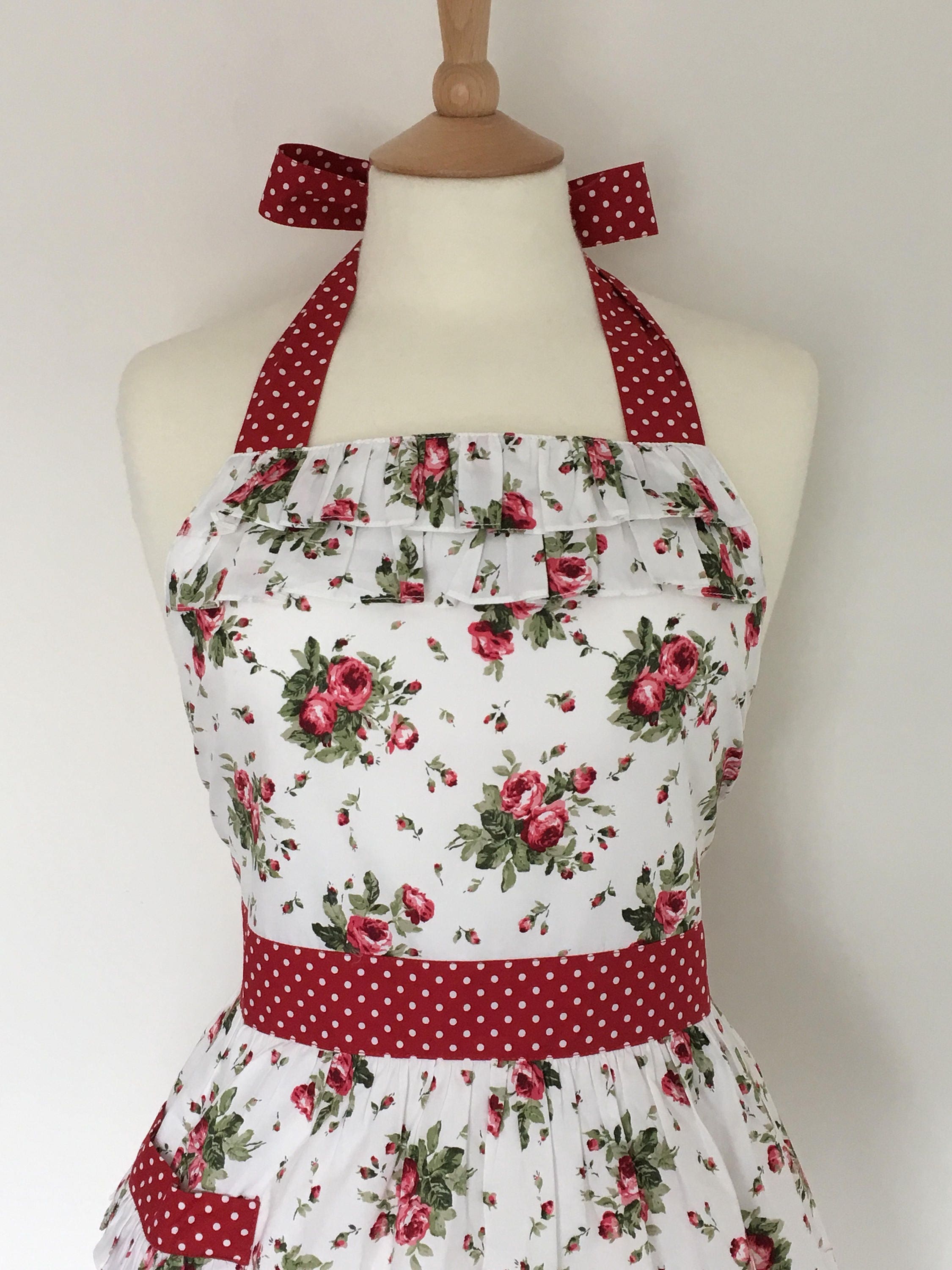 Retro Apron With Ruffles Vintage Red Floral Pattern 1950s