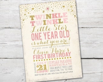 Twinkle Twinkle Little Star First Birthday Invitation, Twinkle Twinkle Little Star Invitation, Pink and Gold invitation, Digital File