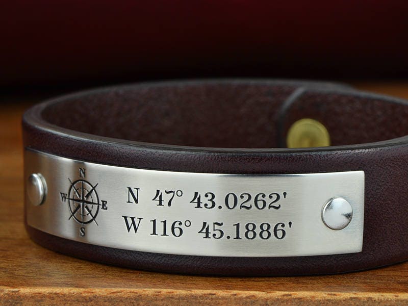 Custom Coordinates GPS Bracelet or ANY 40 Chars of Text! Mens Personalized Leather Bracelet, Fiance Gift, 3rd Anniversary Gift, Fathers Day