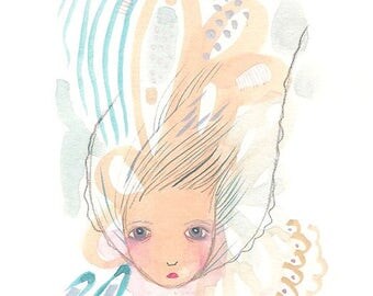 Abstract girl drawing blue art, whimsical girl original painting