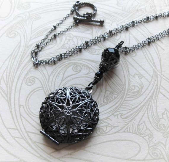 Scent or Perfume Locket in Black Gunmetal Victorian Filigree