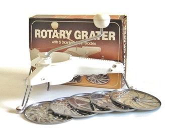 Plastic Rotary Grater Shredder Slicer Salad Maker, complete with 5 metal disks, Hong Kong (twin of Mouli Julienne)