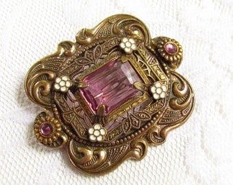 Antique Victorian Amethyst Glass Stone White Enamel Brooch Art Nouveau
