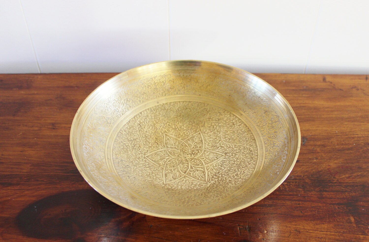 vintage solid brass etched footed bowl made in India