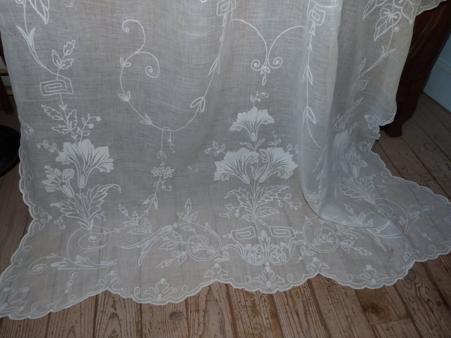 Antique embroidered lace window curtain drape LONG French