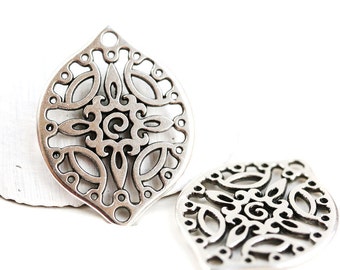 2pc Antique silver Filigree charms, Large Oval metal pendant Drop beads, Openwork connector, Greek metal casting - F530