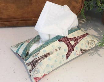Pocket Kleenex Tissue Holder Fabric Lined Eiffel Tower Green Brown Feminine Products