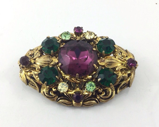Vintage Filigree Purple West Germany Brooch with Rhinestone, purple rhinestone brooch with green rhinestones. Emerald Peridot Amethyst glass