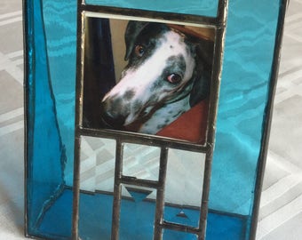 Photo frame crafted from translucent Turquoise stained glass and clear beveled glass