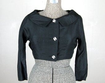 Vintage 1950s Bolero 50s Black Silk Evening Jacket with Polka Dot Lining and Buttons Size S