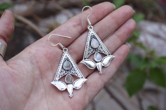MOONSTONE TULIP EARRINGS- Oxodised Silver Earrings- Moonstone - Healing Crystal Jewellery- Chakra Earrings- Boho- Vintage - Festival
